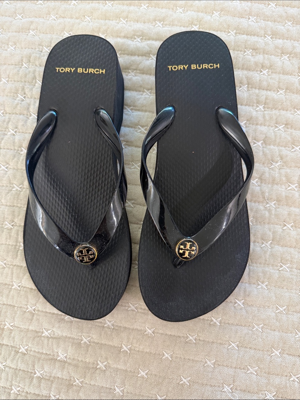 Tory Burch Black Flip Flop Sandals with Gold Logo